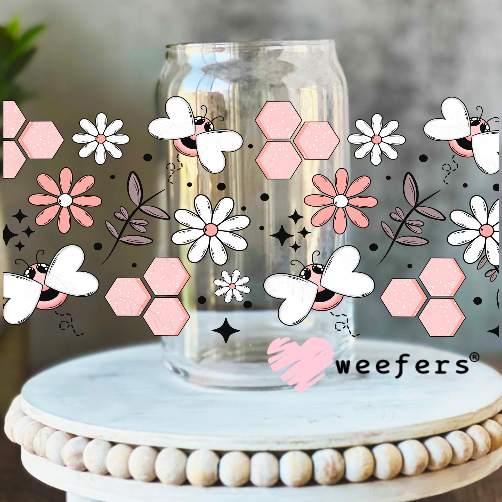 Pink Bees and Pink Honeycomb UV DTF Cup Wrap 16oz Libbey Glass Original Size Weefers