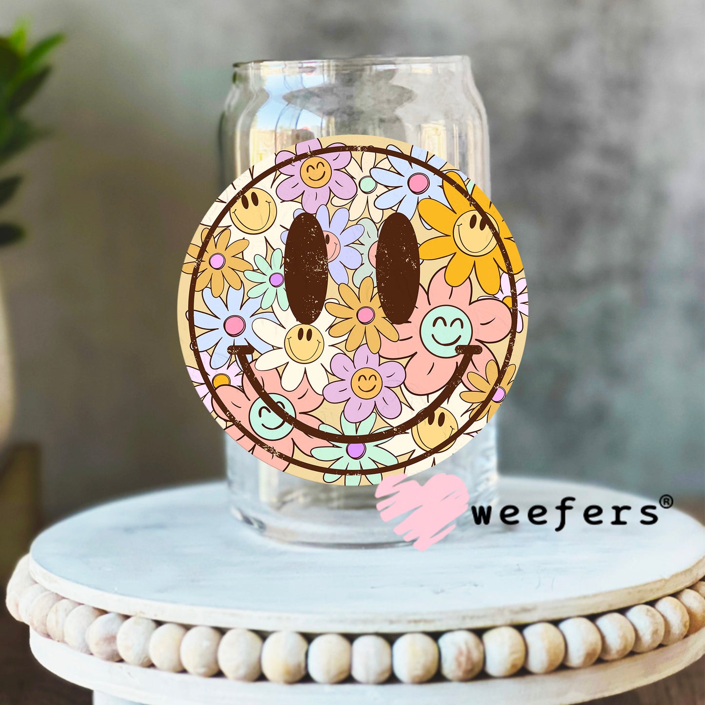 Flower Smile Face UV DTF Decal 16oz Libbey Glass Original Size Weefers