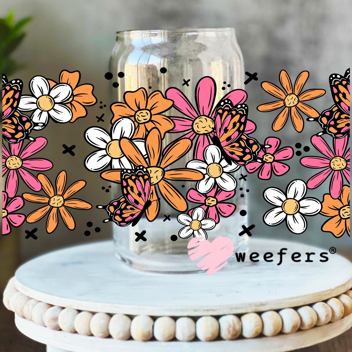 Spring Pink and Orange Flowers UV DTF Cup Wrap 16oz Libbey Glass Original Size Weefers