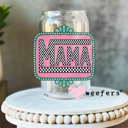 Mama Black Checkered Turquoise Frame UV DTF Decal 16oz Libbey Glass Original Size Weefers