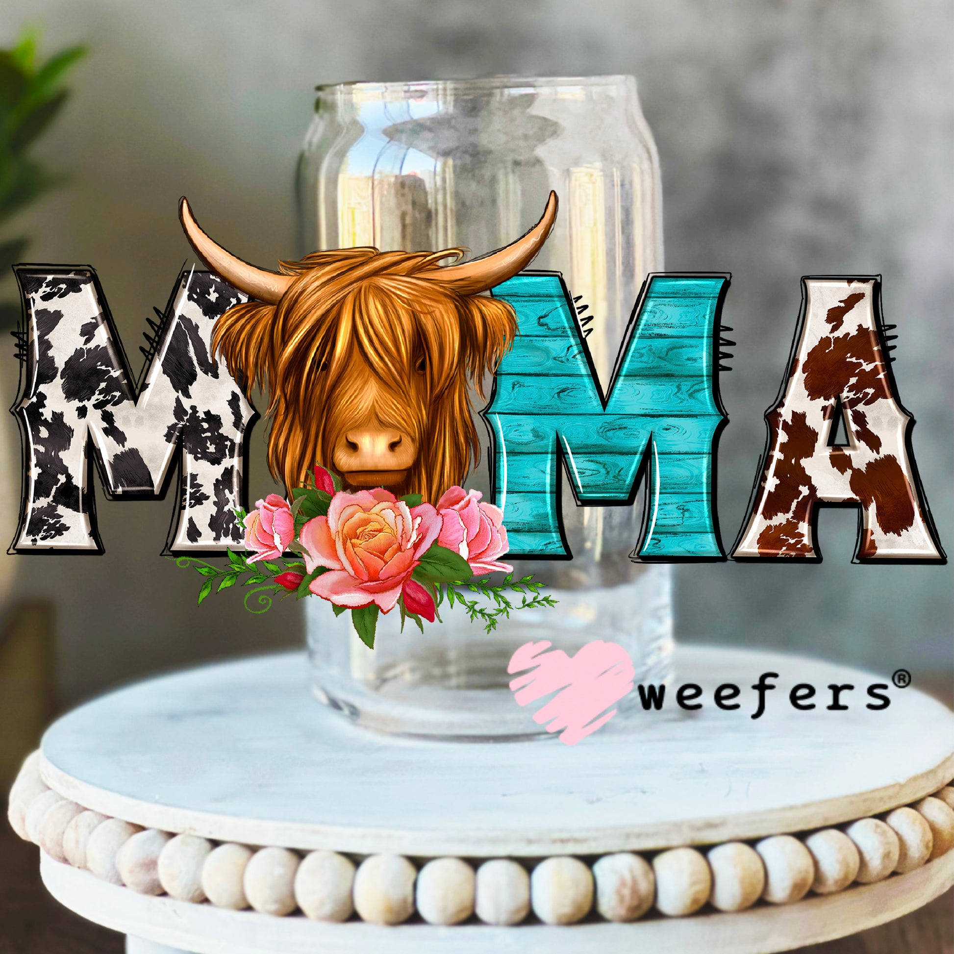 Mama Highlander Cow Western UV DTF Decal 16oz Libbey Glass Original Size Weefers