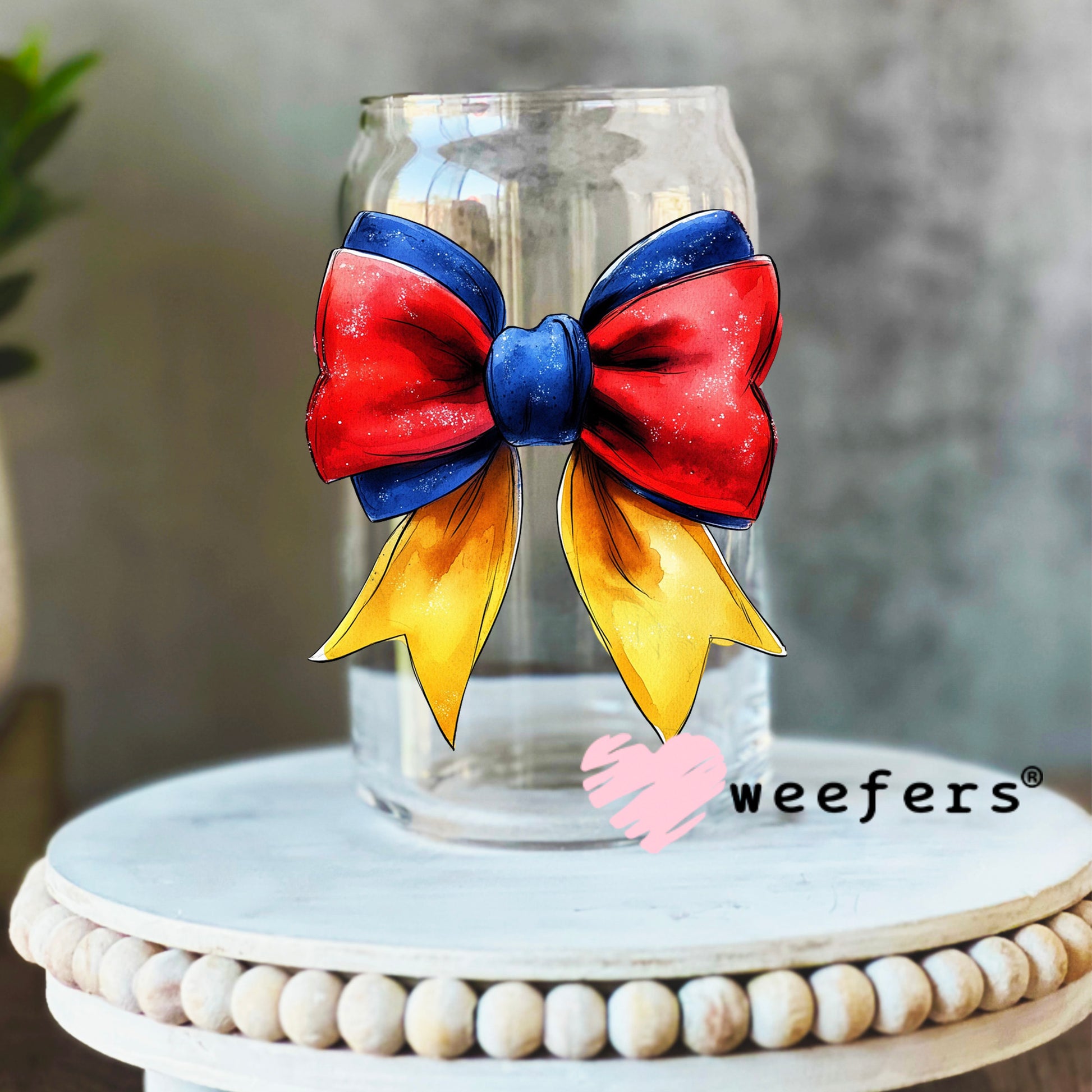 SnowyWhite Bow UV DTF Decal 16oz Libbey Glass Original Size Weefers