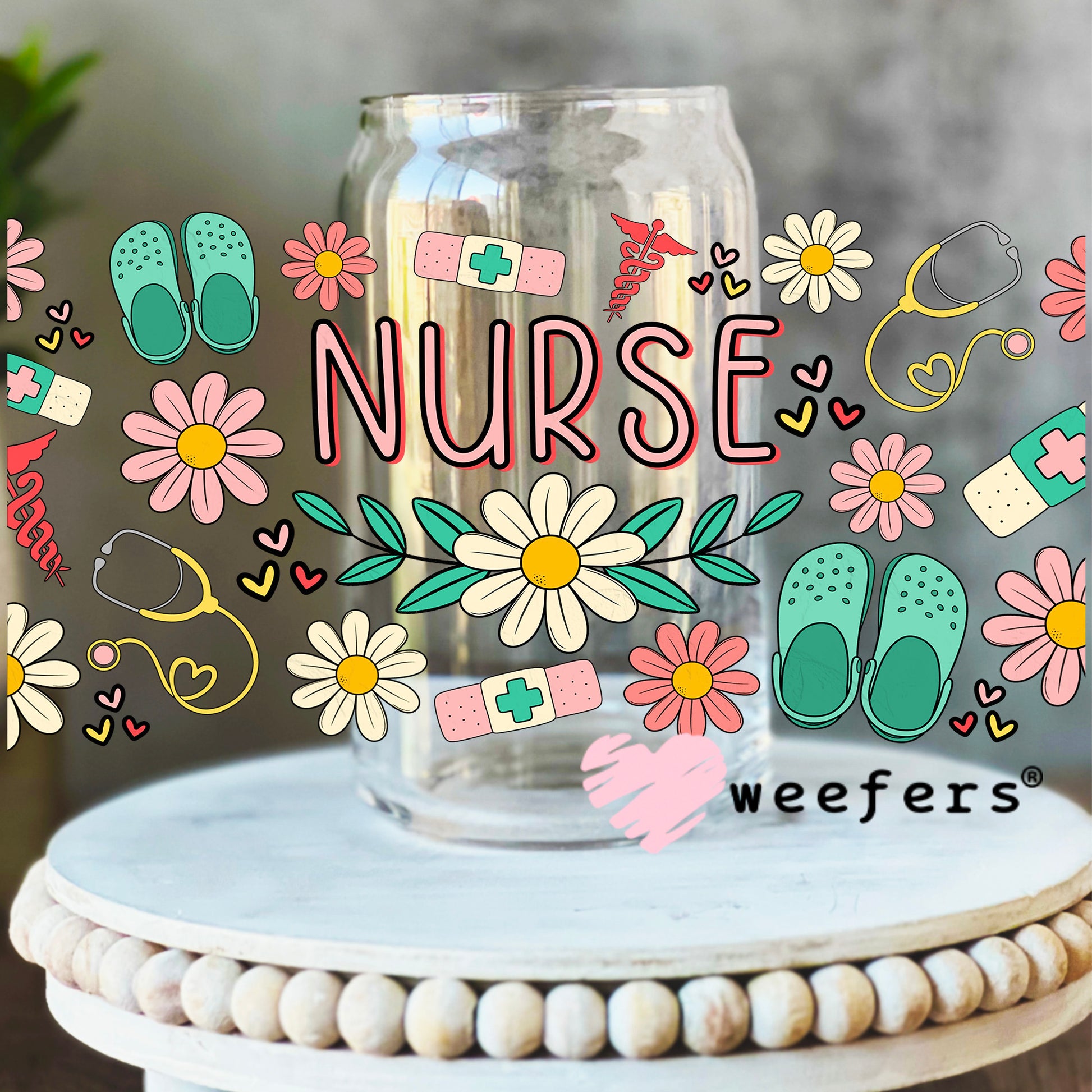 Nurse Green Flowers UV DTF Cup Wrap 16oz Libbey Glass Original Size Weefers