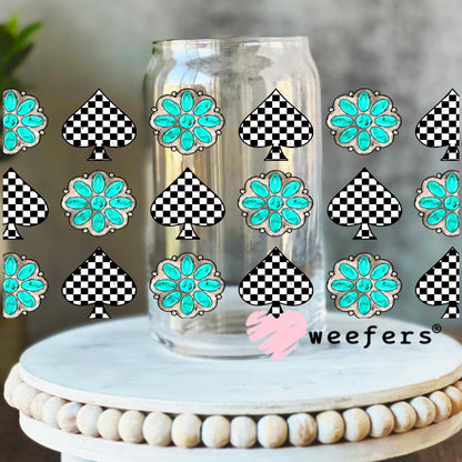Turquoise Dreams and Checkered Spades UV DTF Cup Wrap - WEEFERS EXCLUSIVE WRAP 16oz Libbey Glass Original Size Weefers