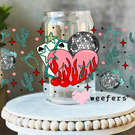 Western Cherry Heart Disco UV DTF Cup Wrap - WEEFERS EXCLUSIVE WRAP 16oz Libbey Glass Original Size Weefers