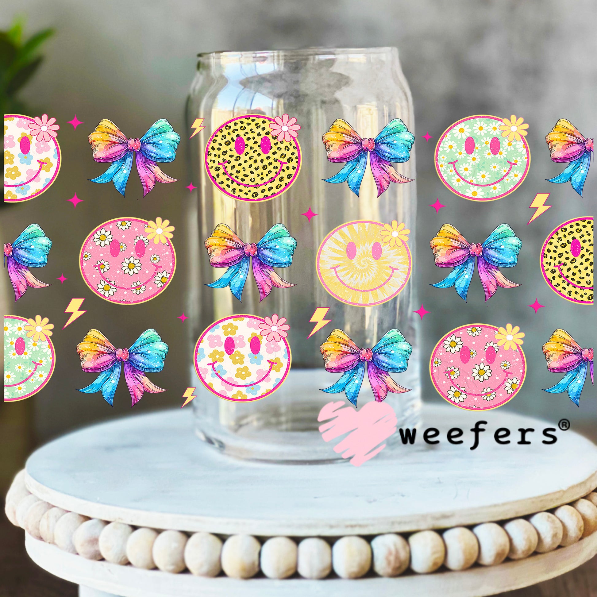Unicorn Bows Smile Faces UV DTF Cup Wrap 16oz Libbey Glass Original Size Weefers