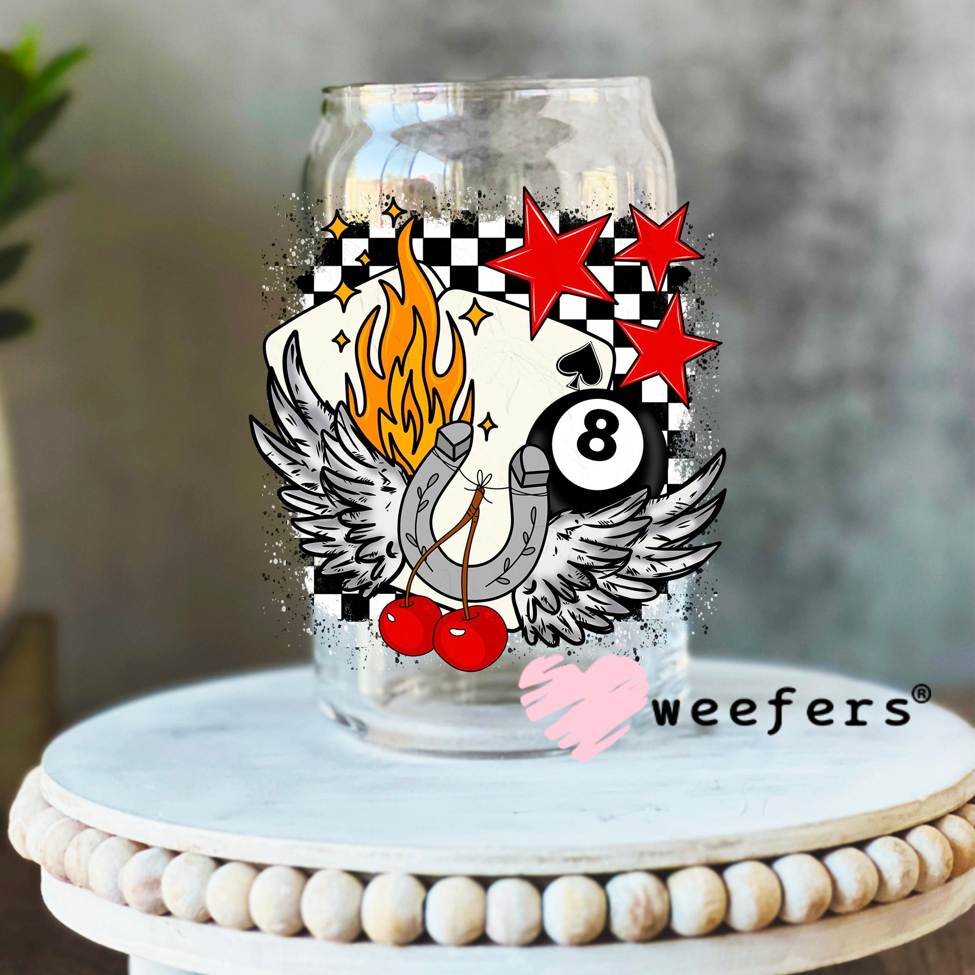 Angle Of Luck Flames and Cherries UV DTF Decal 16oz Libbey Glass Original Size Weefers