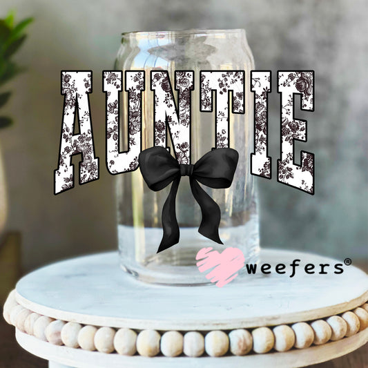 Auntie Black Toile UV DTF Decal 16oz Libbey Glass Original Size Weefers