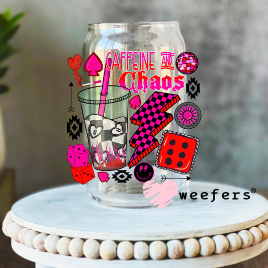 Caffeine and Chaos UV DTF Decal 16oz Libbey Glass Original Size Weefers