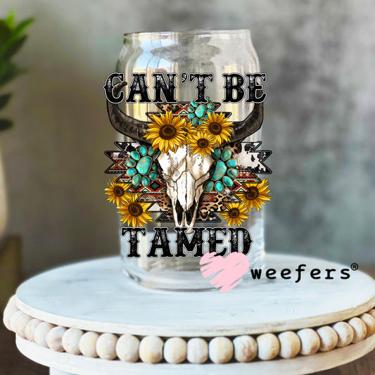 Can't Be Tamed Cow Skull Teal Flowers UV DTF Decal 16oz Libbey Glass Original Size Weefers