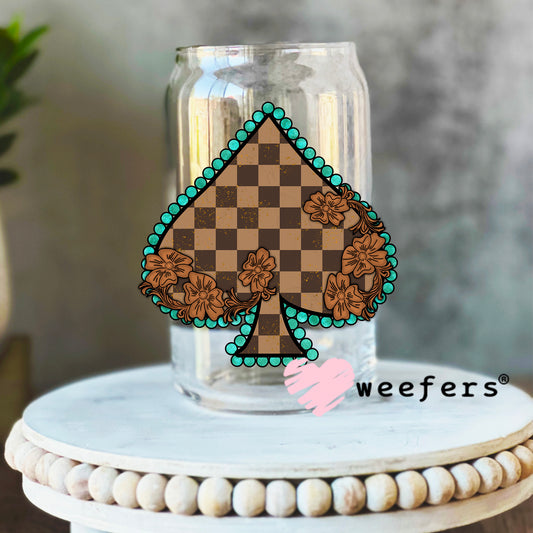 Brown and Turquoise Checkered Spade UV DTF Decal 16oz Libbey Glass Original Size Weefers