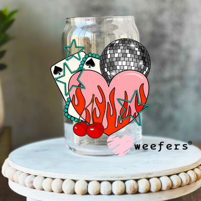Pink Flame Heart Disco Ball UV DTF Decal 16oz Libbey Glass Original Size Weefers