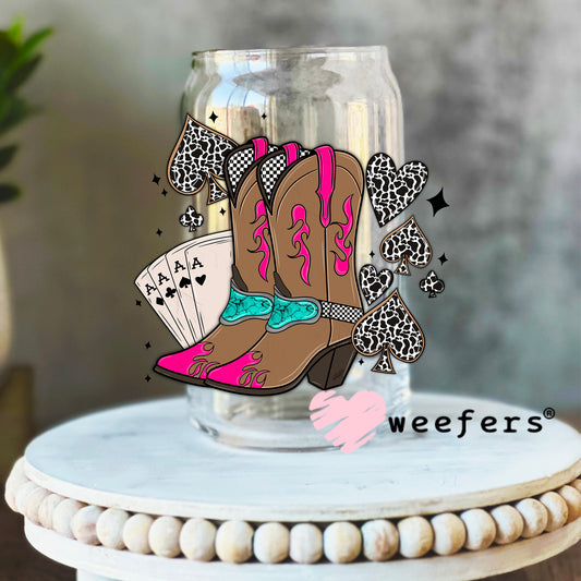 Aces and Cowgirl Boots UV DTF Decal 16oz Libbey Glass Original Size Weefers