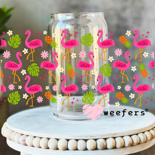 Pink Tropical Flamingos UV DTF Cup Wrap 16oz Libbey Glass Original Size Weefers