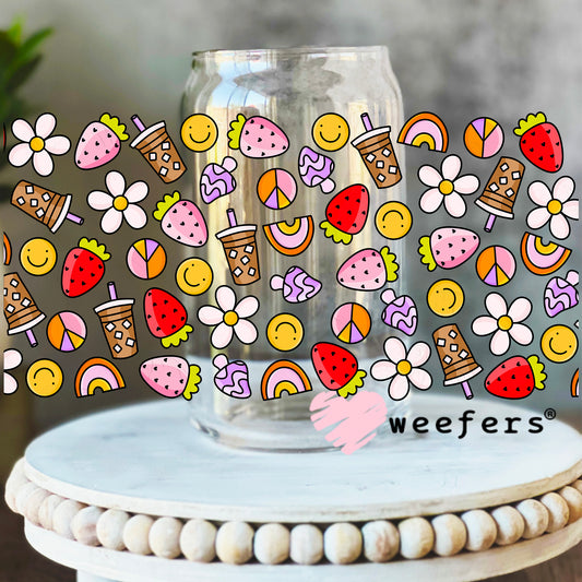 Coffee Strawberries Flower UV DTF Cup Wrap 16oz Libbey Glass Original Size Weefers