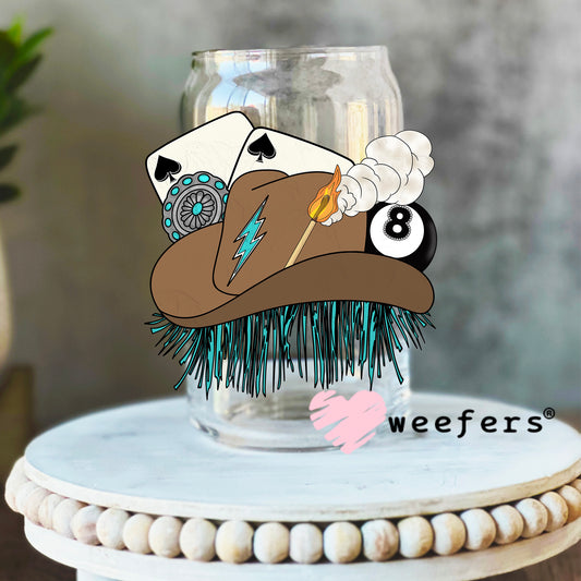 Brown Cowgirl hat Eight Ball Western UV DTF Decal 16oz Libbey Glass Original Size Weefers