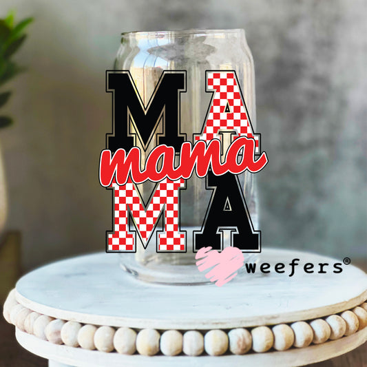 MaMa Blocked Red Black Checker UV DTF Decal 16oz Libbey Glass Original Size Weefers