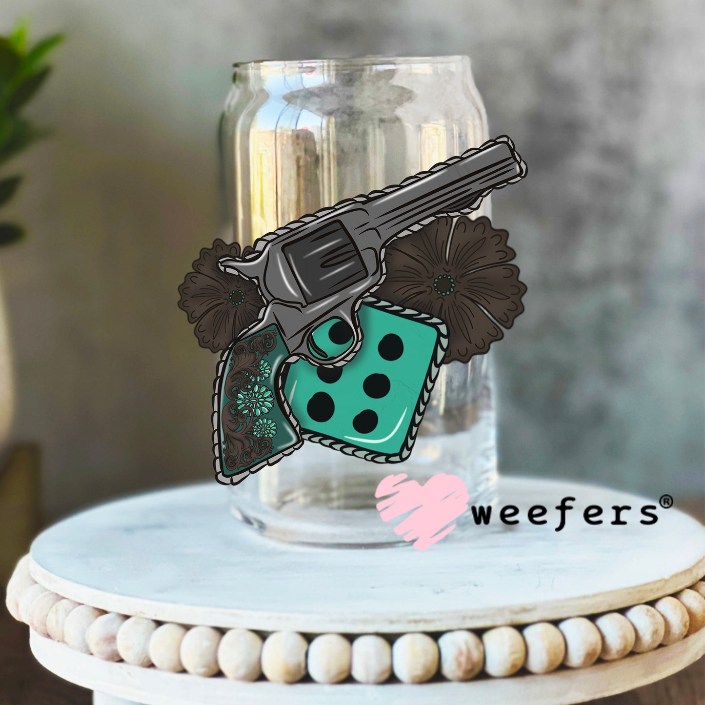 Revolver Turquoise Dice UV DTF Decal 16oz Libbey Glass Original Size Weefers