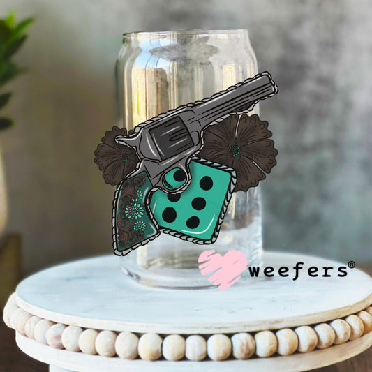 Revolver Turquoise Dice UV DTF Decal 16oz Libbey Glass Original Size Weefers