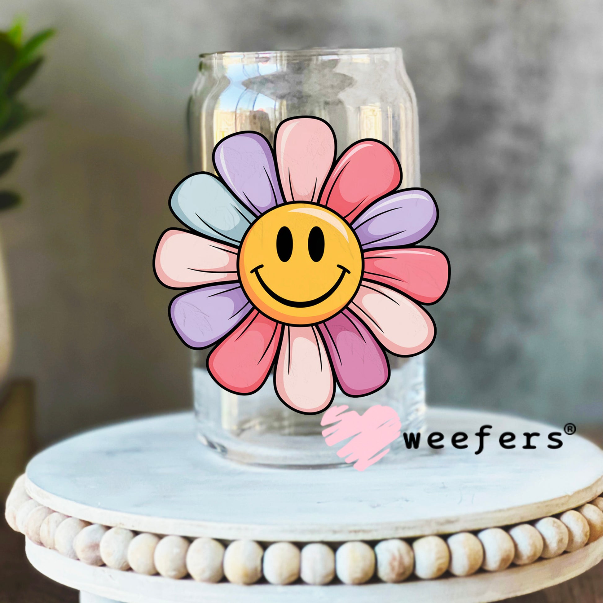 Multi-Color Smile Face UV DTF Decal 16oz Libbey Glass Original Size Weefers