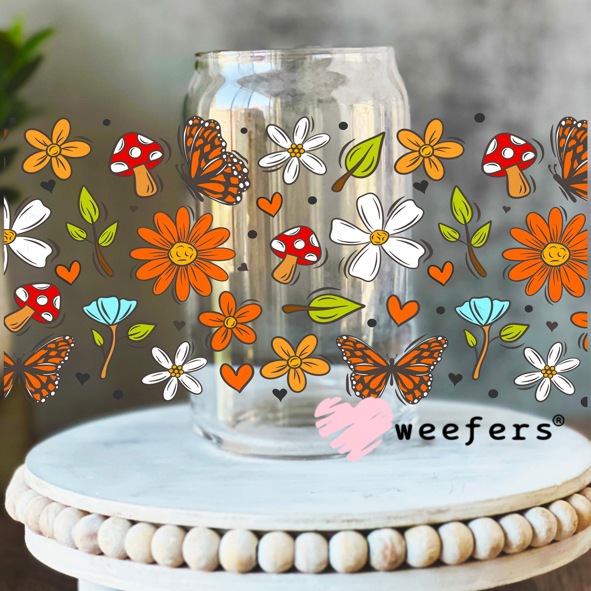 Orange Mushroom Bloom UV DTF Cup Wrap 16oz Libbey Glass Original Size Weefers