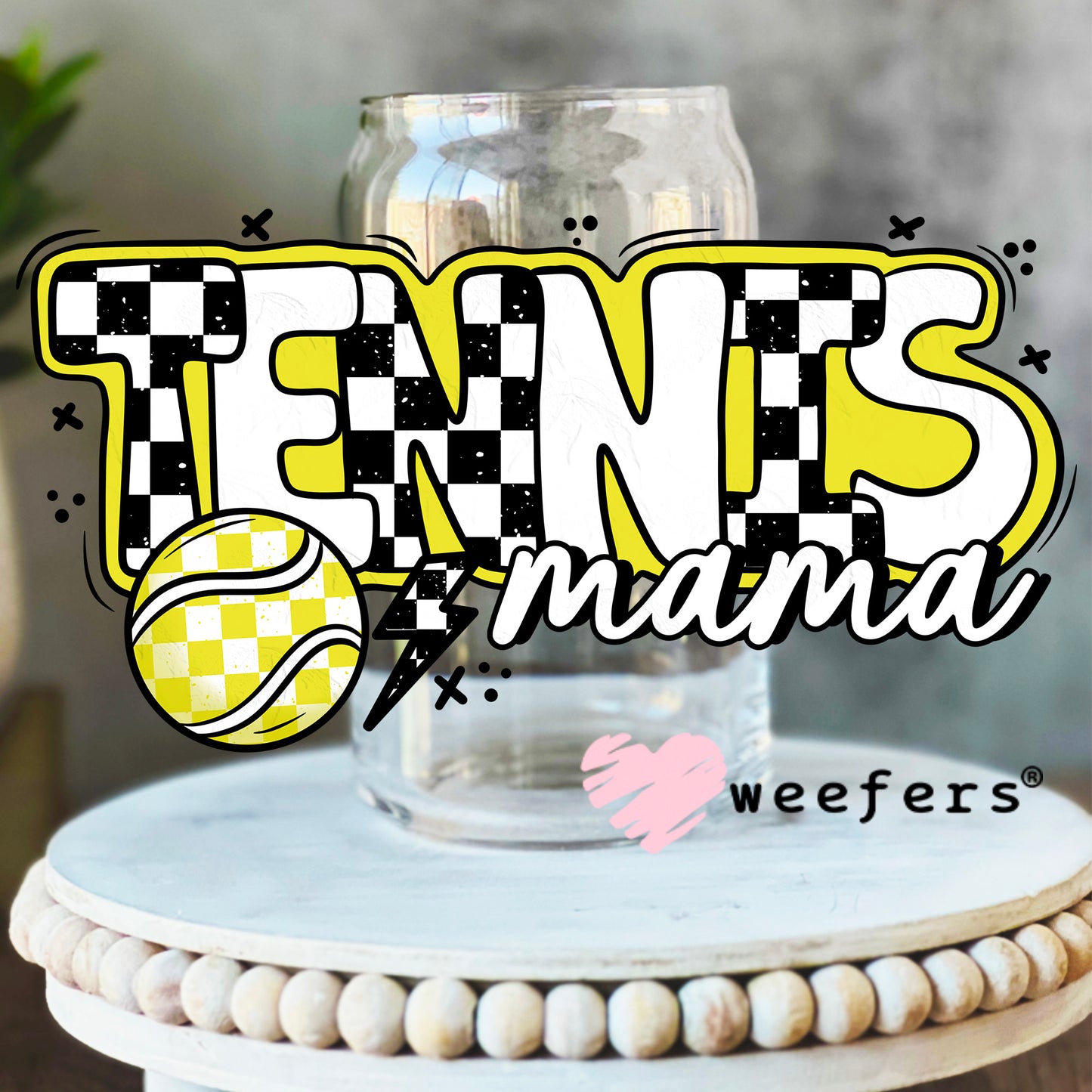 Tennis Mama Yellow Black Checkered UV DTF Cup Wrap 16oz Libbey Glass Original Size Weefers
