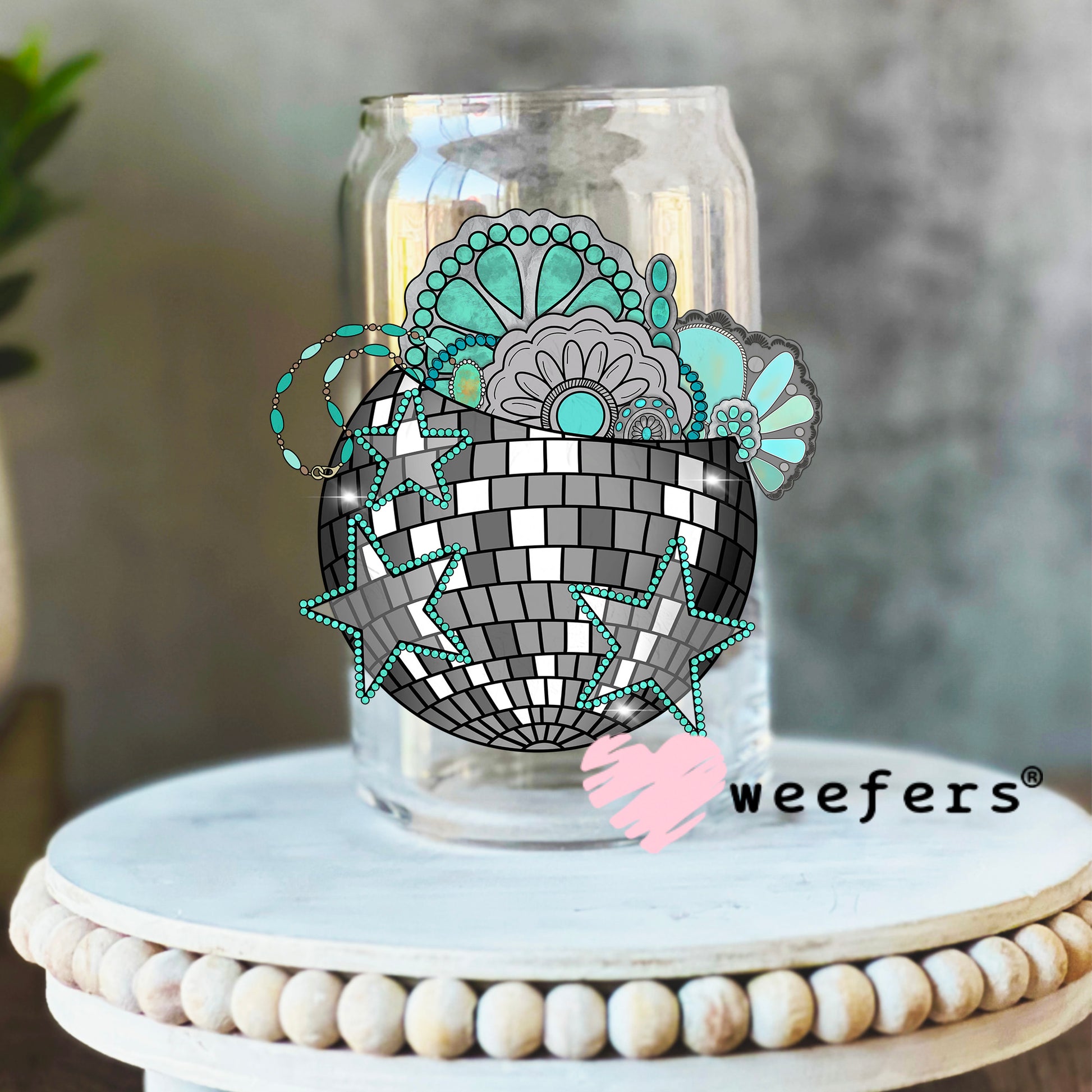 Disco Turquoise Jewels UV DTF Decal 16oz Libbey Glass Original Size Weefers