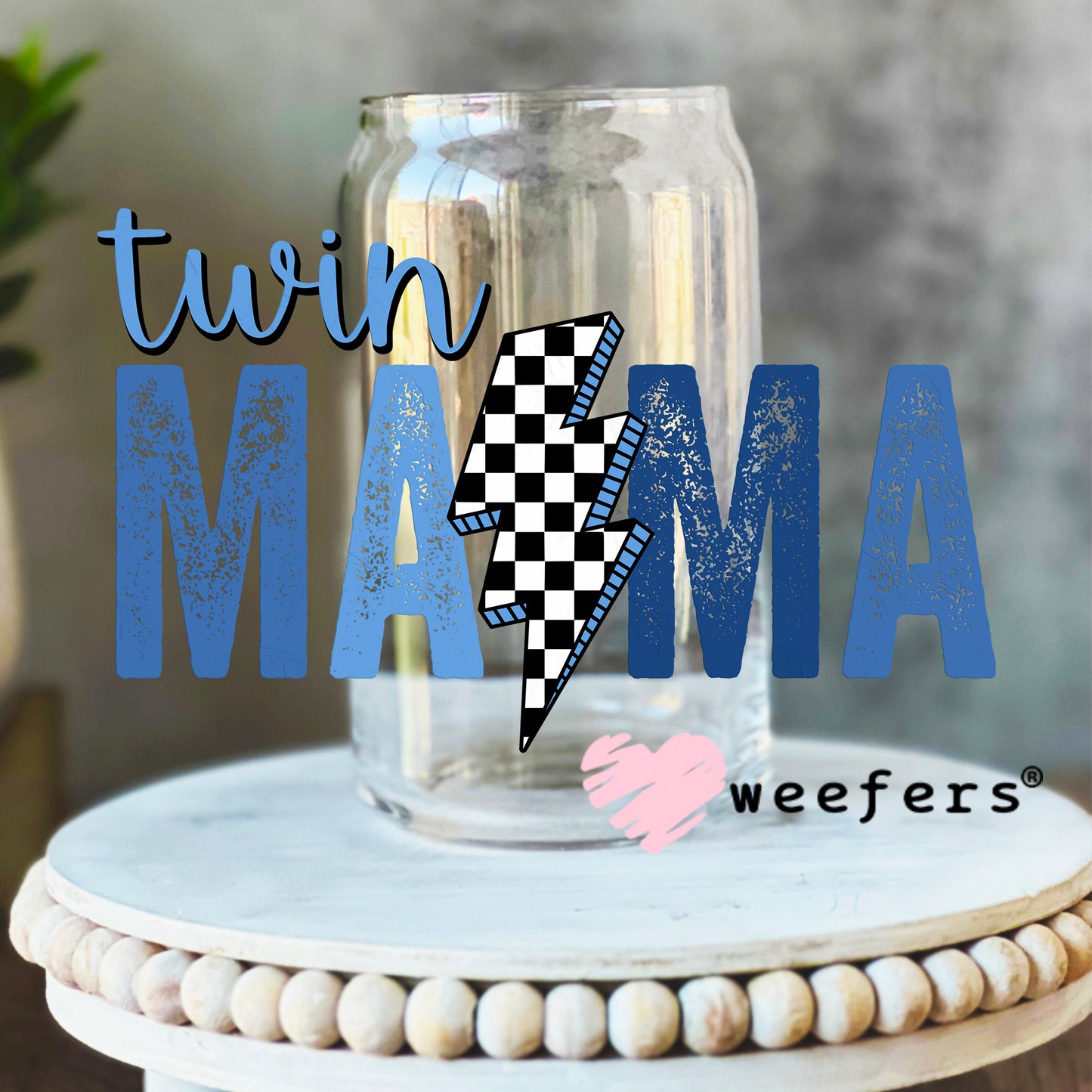 Twin Mama Blue UV DTF Decal 16oz Libbey Glass Original Size Weefers