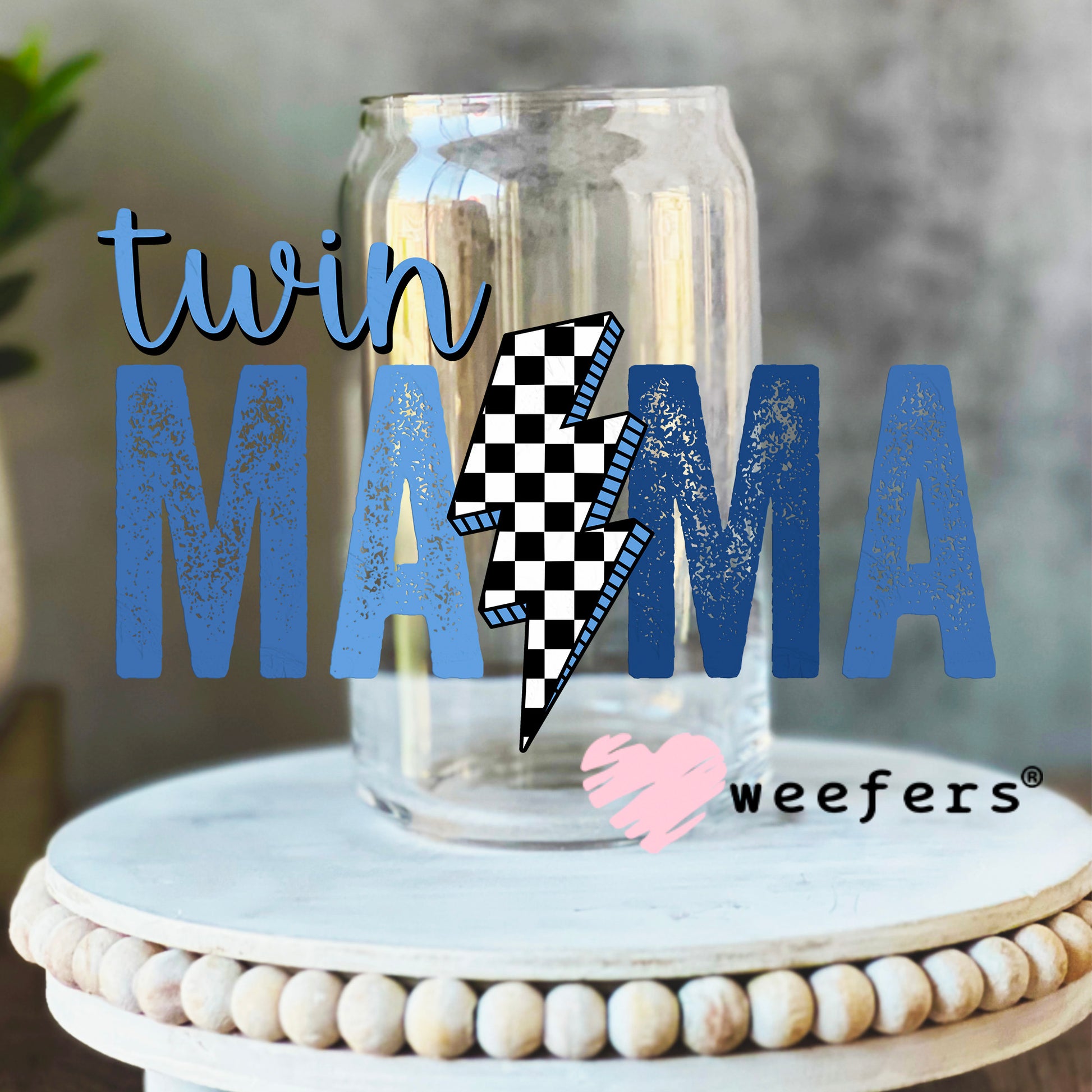 Twin Mama Blue UV DTF Decal 16oz Libbey Glass Original Size Weefers
