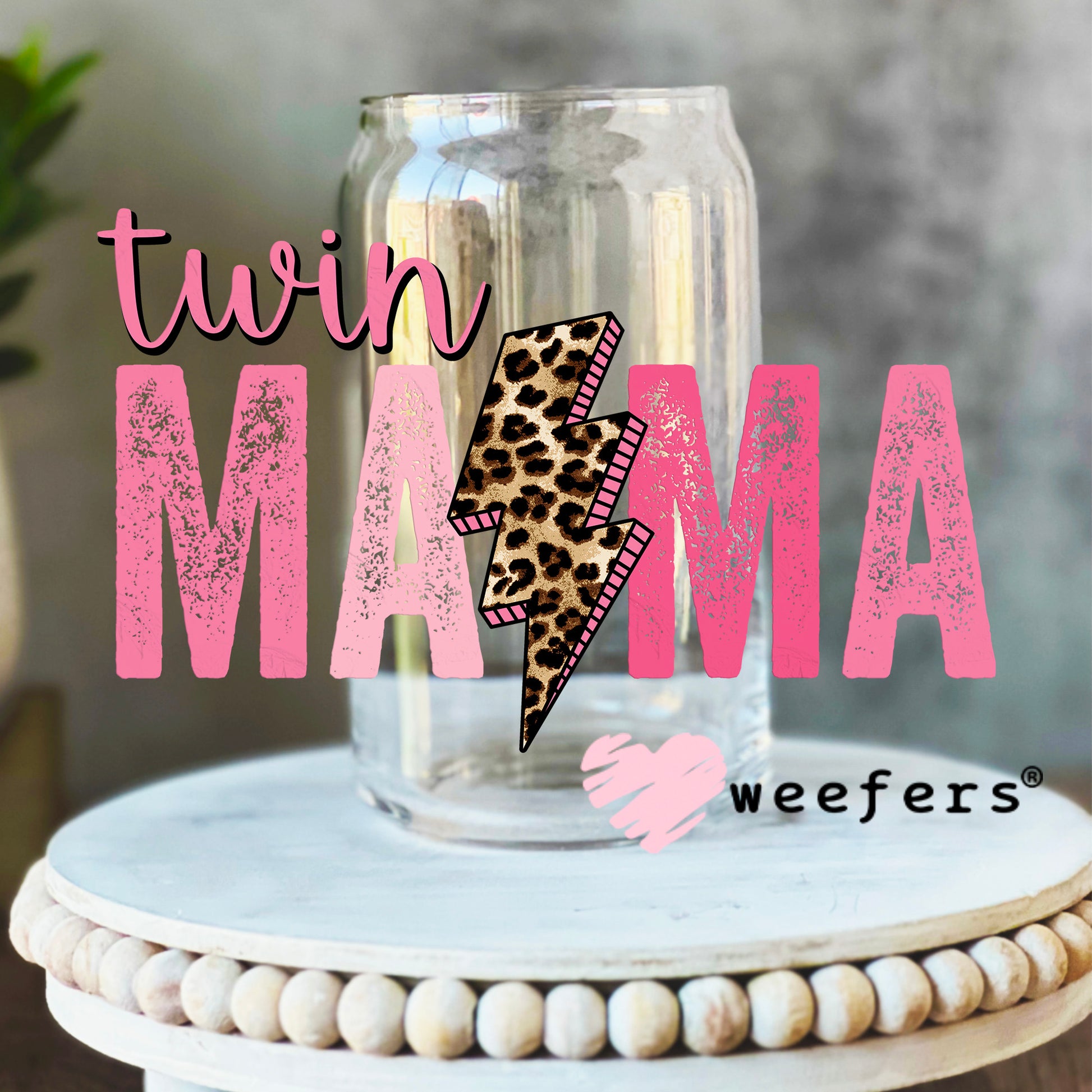 Twin Mama Pink UV DTF Decal 16oz Libbey Glass Original Size Weefers