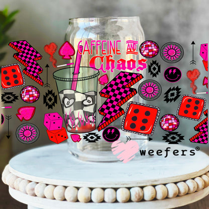 Caffeine and Chaos Hot Pink Dice UV DTF Cup Wrap - WEEFERS EXCLUSIVE WRAP 16oz Libbey Glass Original Size Weefers