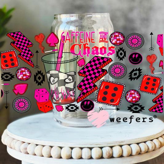 Caffeine and Chaos Hot Pink Dice UV DTF Cup Wrap - WEEFERS EXCLUSIVE WRAP 16oz Libbey Glass Original Size Weefers