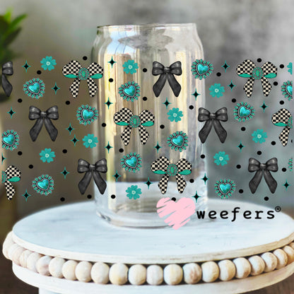 Black and Checkered Turquoise UV DTF Cup Wrap - WEEFERS EXCLUSIVE WRAP 16oz Libbey Glass Original Size Weefers