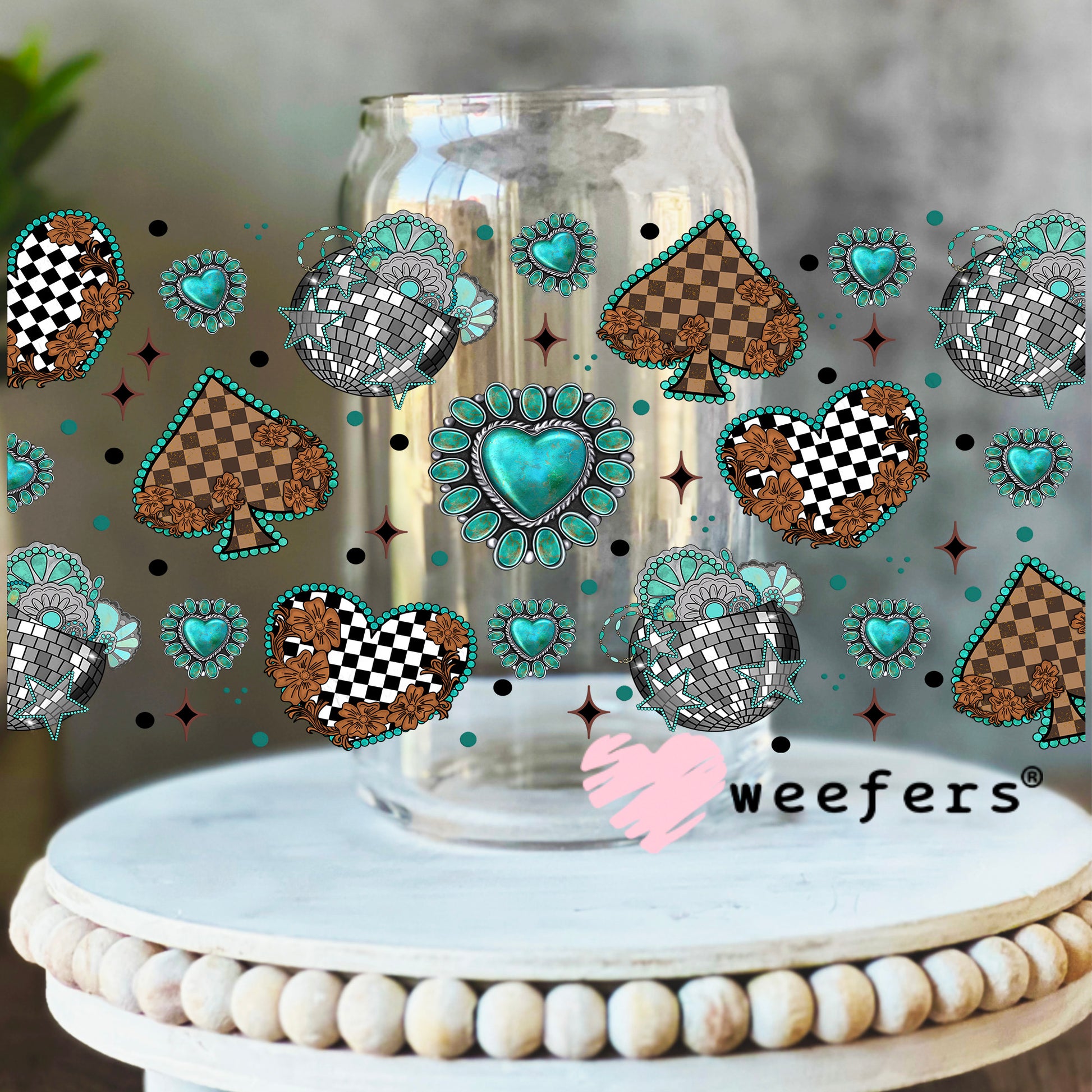Brown Checkered Heart and Spades Turquoise UV DTF Cup Wrap - WEEFERS EXCLUSIVE WRAP 16oz Libbey Glass Original Size Weefers