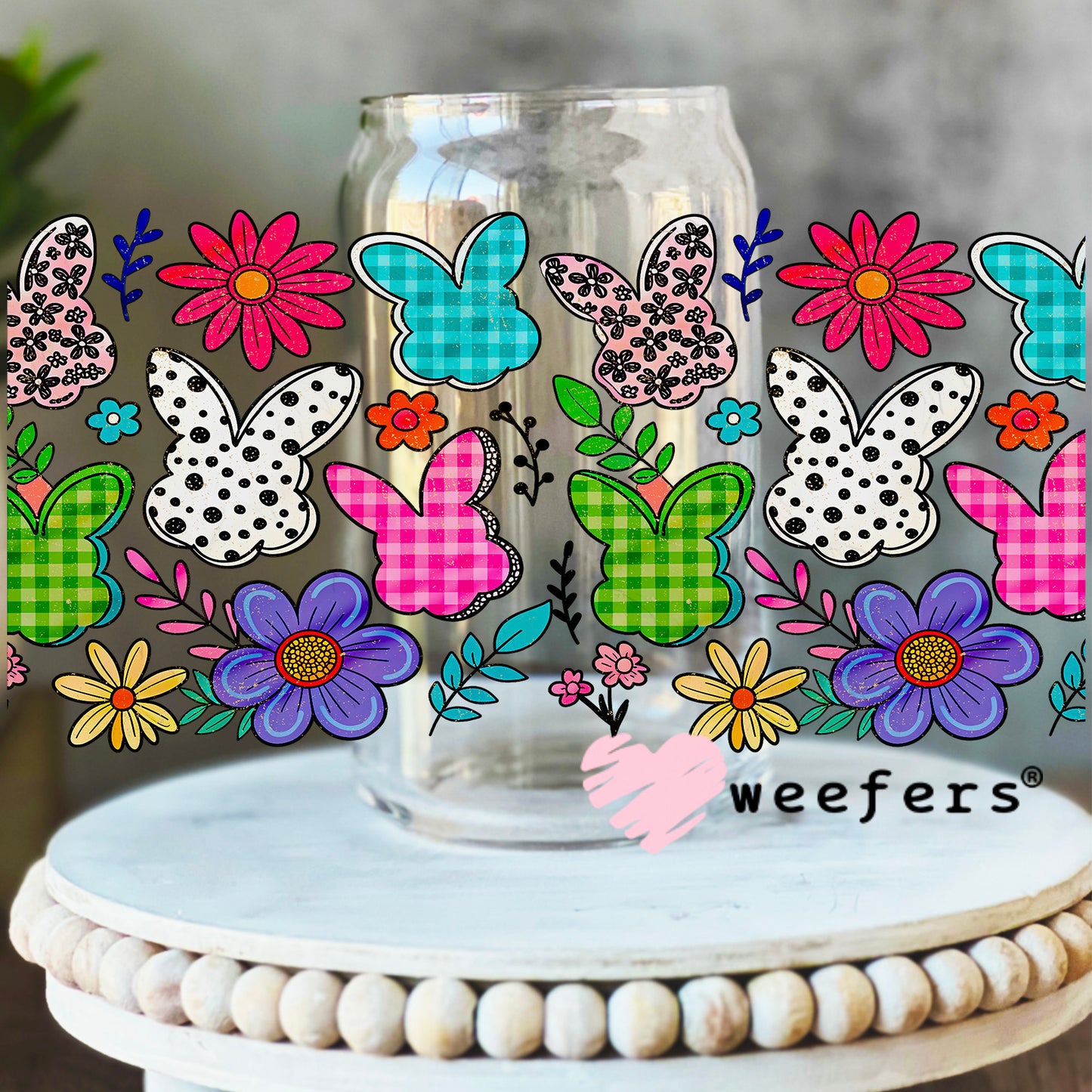 Spring Floral and Plaid Bunnies UV DTF Cup Wrap - WEEFERS EXCLUSIVE WRAP 16oz Libbey Glass Original Size Weefers