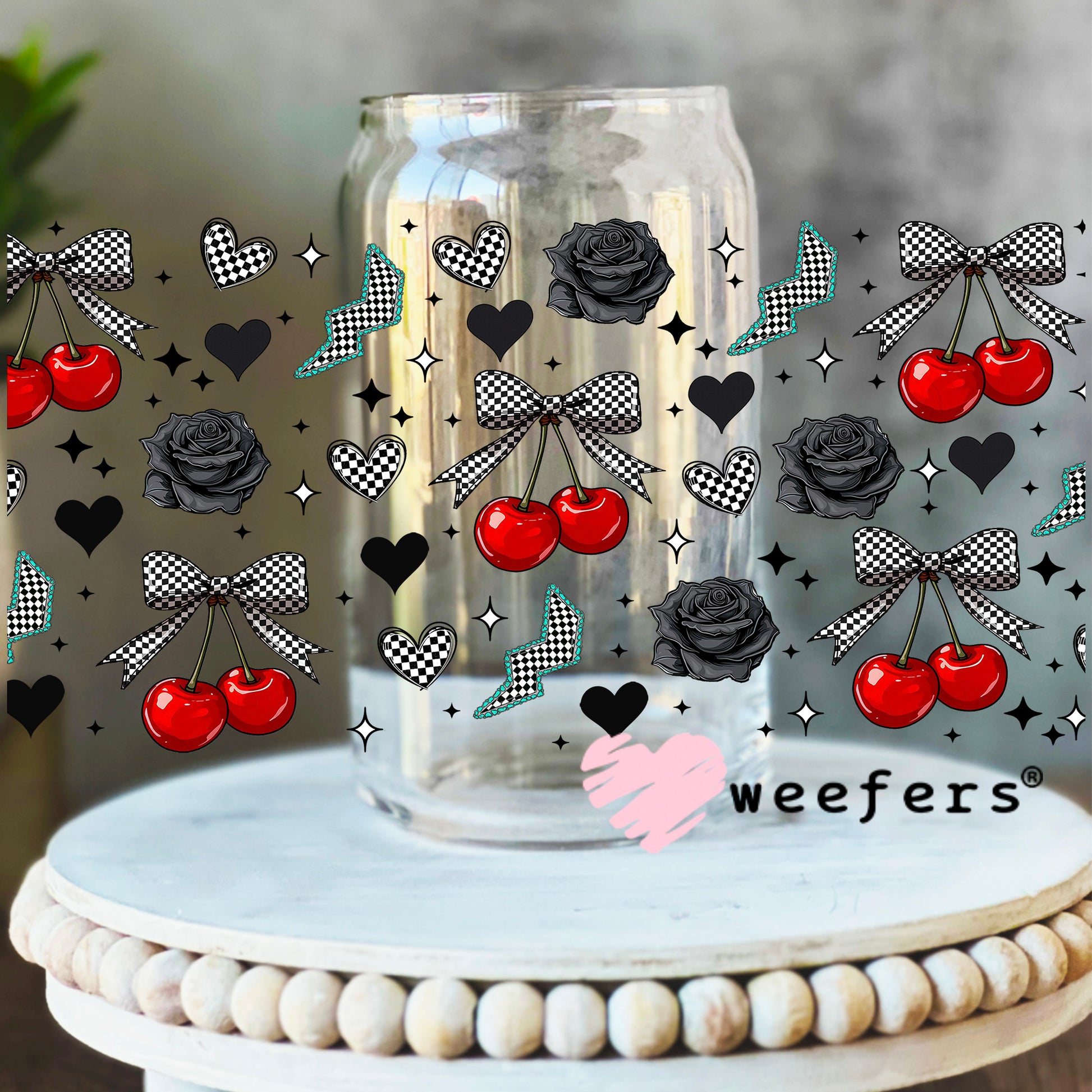 Checkered Cherries Black Roses UV DTF Cup Wrap - WEEFERS EXCLUSIVE WRAP 16oz Libbey Glass Original Size Weefers