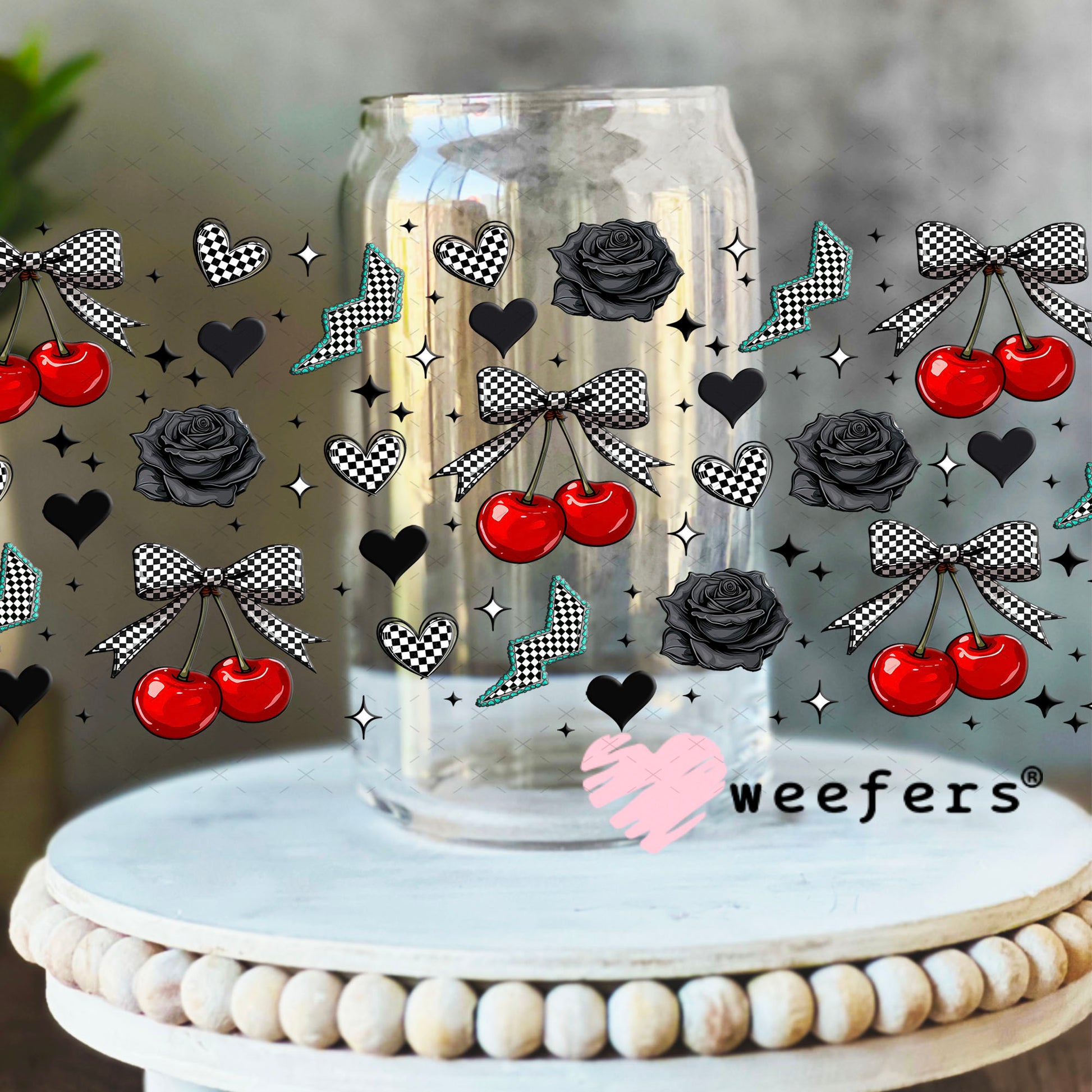 Checkered Cherries Black Roses UV DTF Cup Wrap - WEEFERS EXCLUSIVE WRAP 16oz Libbey Glass Original Size Weefers