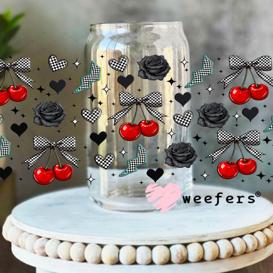 Checkered Cherries Black Roses UV DTF Cup Wrap - WEEFERS EXCLUSIVE WRAP 16oz Libbey Glass Original Size Weefers