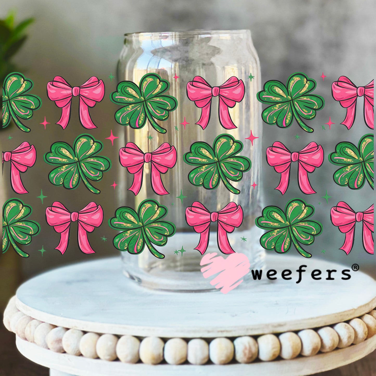Shamrocks and Coquette Pink Bows UV DTF Cup Wrap - WEEFERS EXCLUSIVE WRAP 16oz Libbey Glass Original Size Weefers