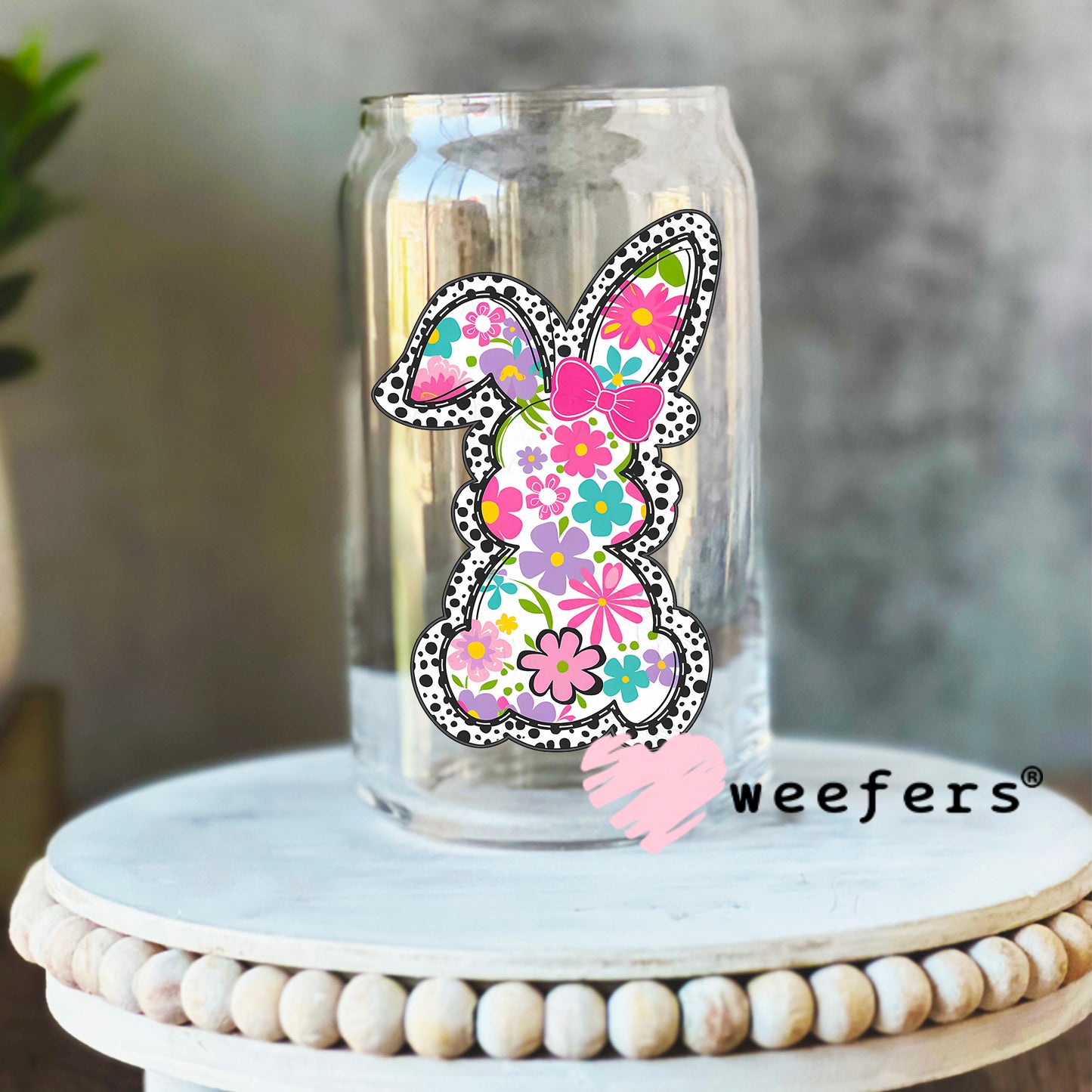 Spring Easter Bunny Black Dots UV DTF Decal 16oz Libbey Glass Original Size Weefers