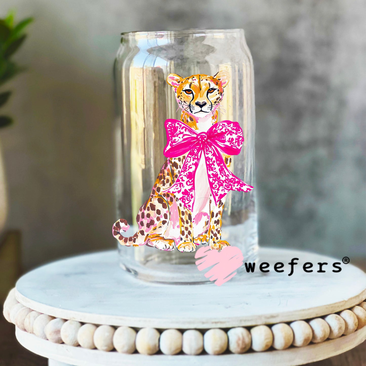 Cheetah Pink Bow UV DTF Decal 16oz Libbey Glass Original Size Weefers