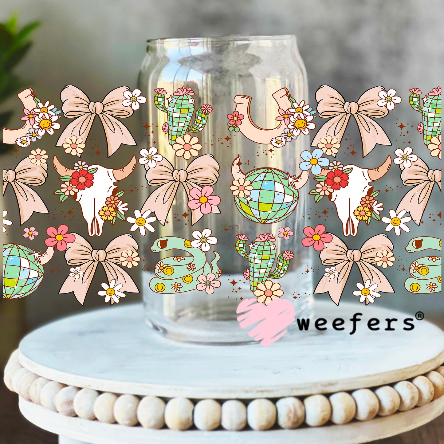 Western Coquette Peach Cowboy UV DTF Cup Wrap - WEEFERS EXCLUSIVE WRAP 16oz Libbey Glass Original Size Weefers