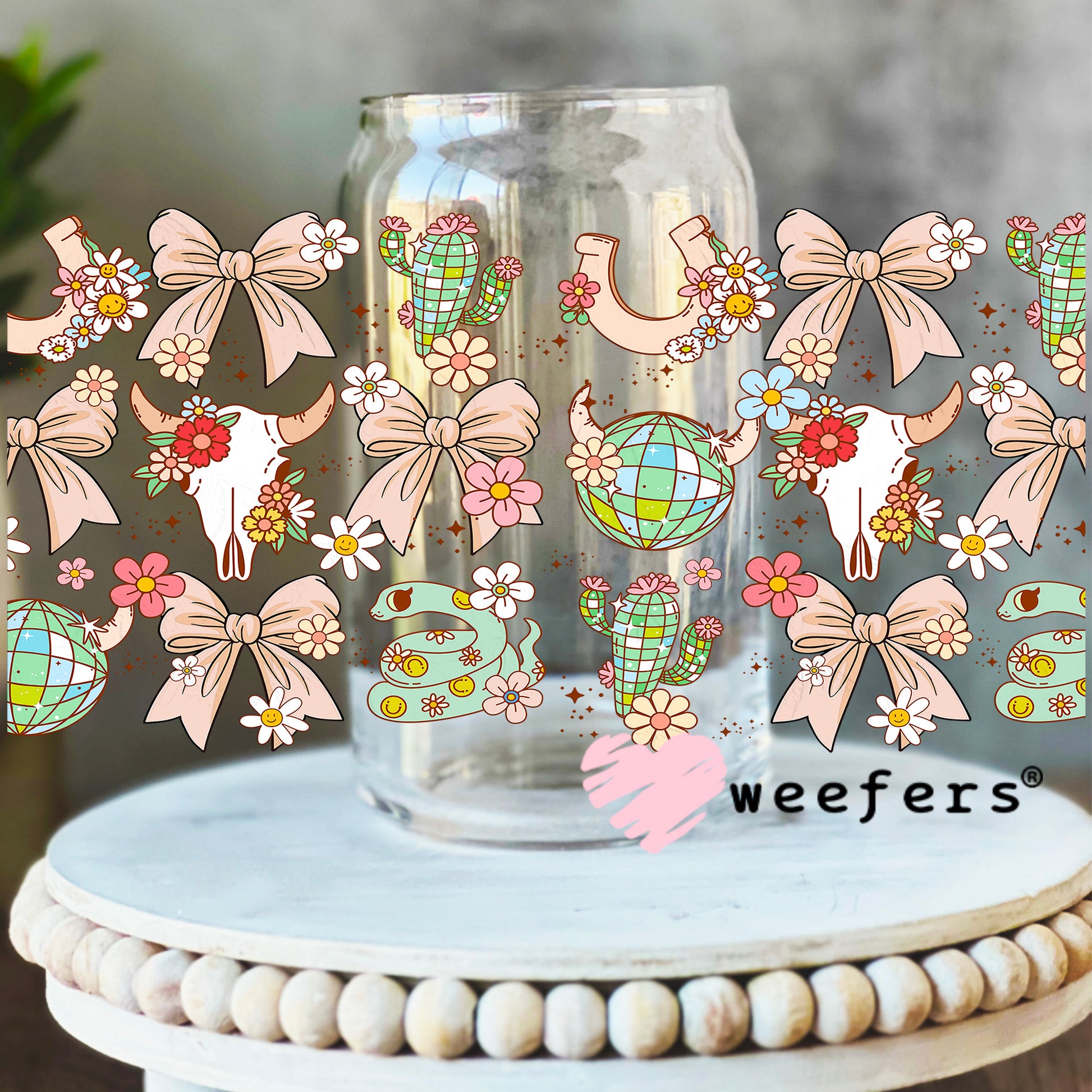 Western Coquette Peach Cowboy UV DTF Cup Wrap - WEEFERS EXCLUSIVE WRAP 16oz Libbey Glass Original Size Weefers