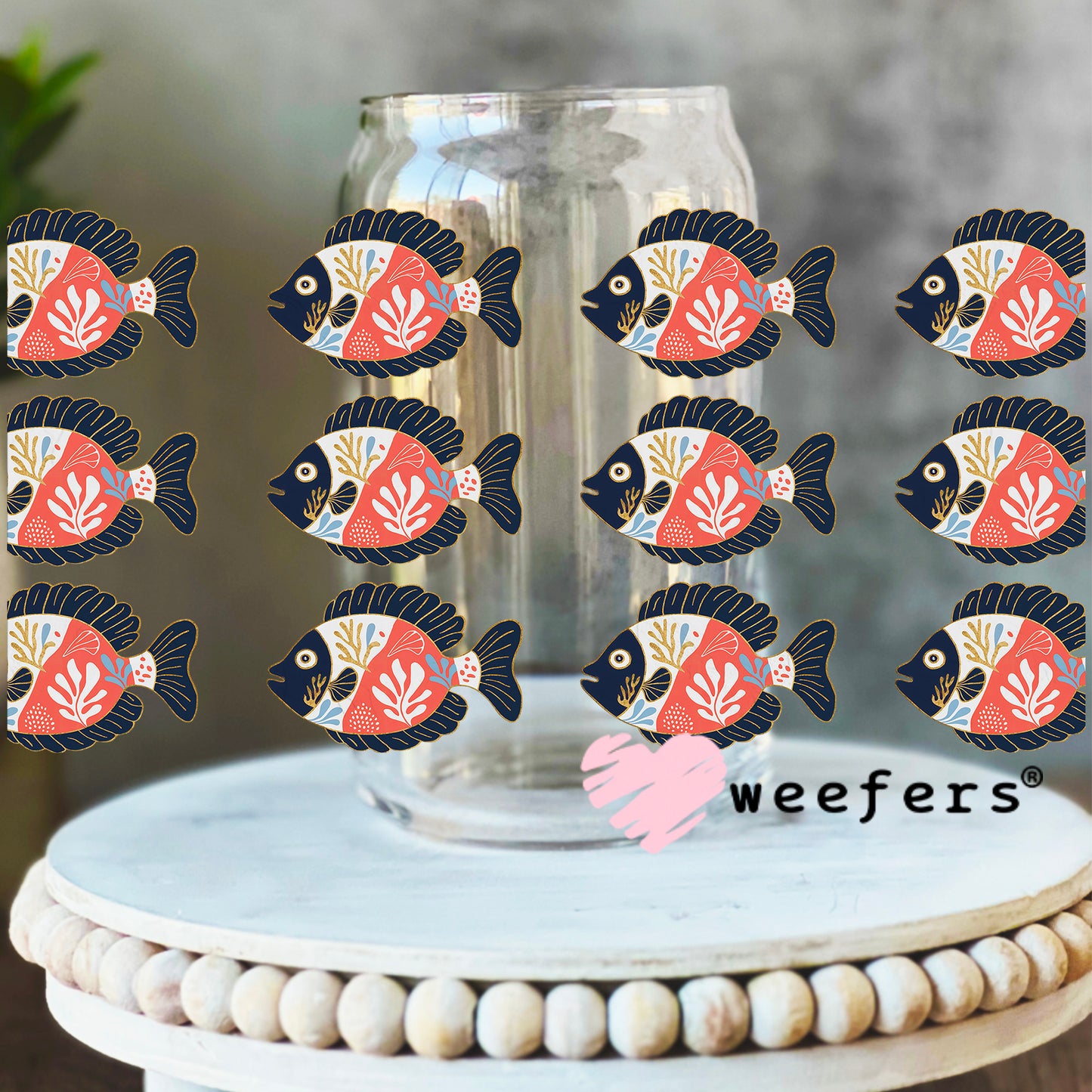 School of Blue and Coral Fishes UV DTF Cup Wrap - WEEFERS EXCLUSIVE WRAP 16oz Libbey Glass Original Size Weefers