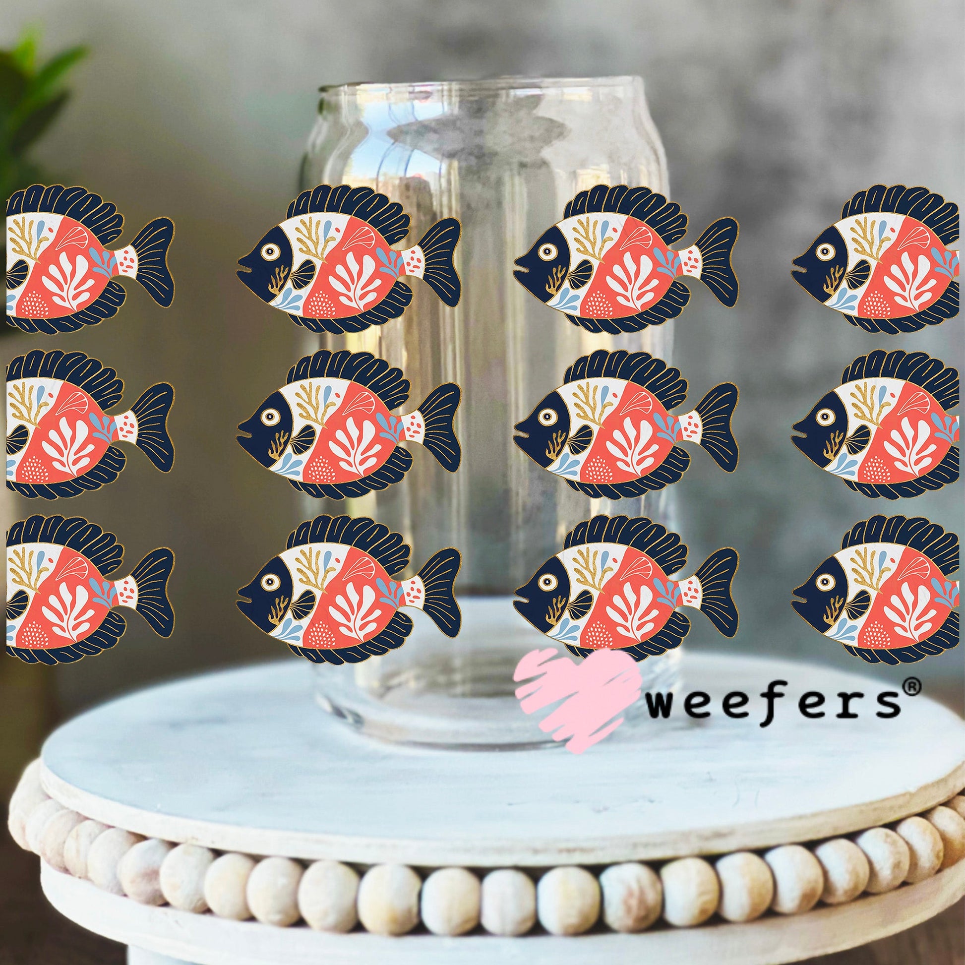 School of Blue and Coral Fishes UV DTF Cup Wrap - WEEFERS EXCLUSIVE WRAP 16oz Libbey Glass Original Size Weefers