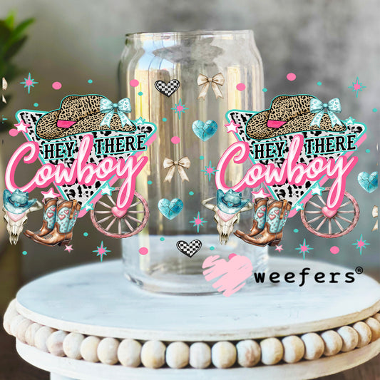 Hey There Cowboy Teal and Pink UV DTF Cup Wrap - WEEFERS EXCLUSIVE WRAP 16oz Libbey Glass Original Size Weefers