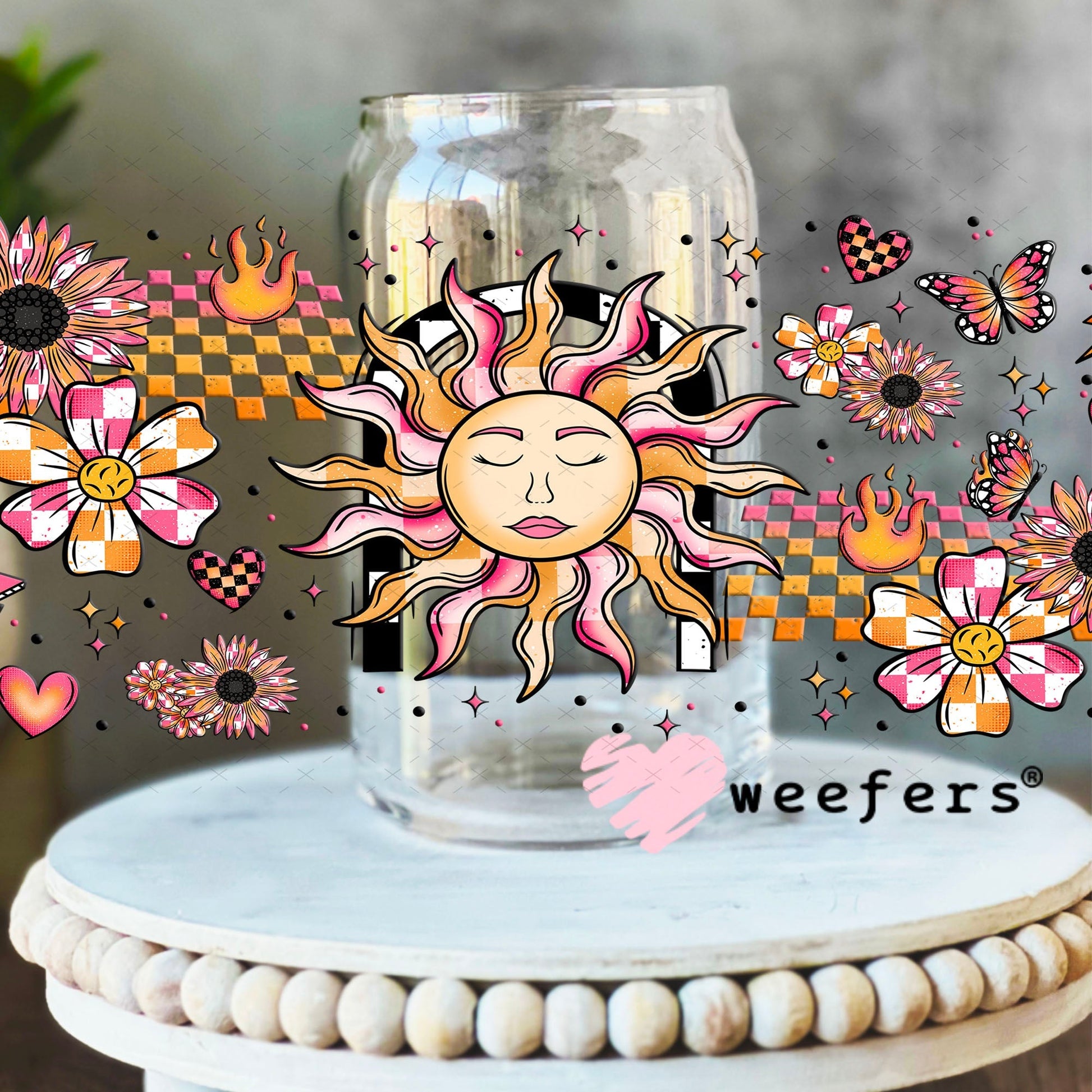 Sun and Flowers Orange and Pink Dreams Cowgirl UV DTF Cup Wrap 16oz Libbey Glass Original Size Cup Wrap Weefers