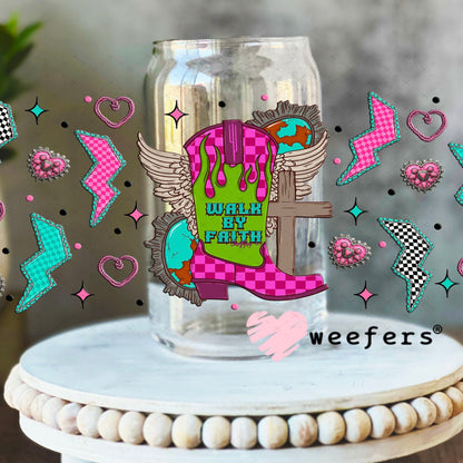 Walk By Faith Pink and Teal Cowgirl UV DTF Cup Wrap 16oz Libbey Glass Original Size Cup Wrap Weefers