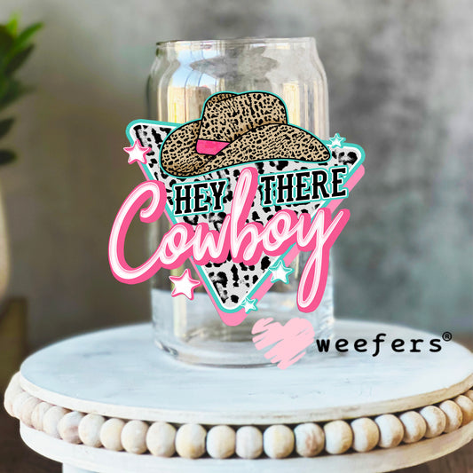 Hey There Cowboy Blue and Pink UV DTF Decal 16oz Libbey Glass Original Size Weefers