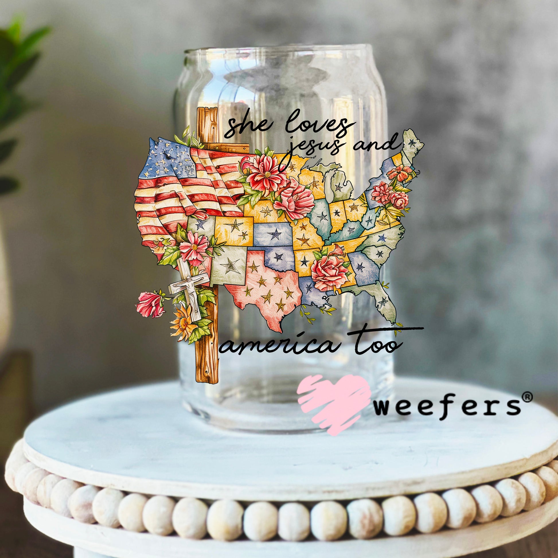 She loves Jesus and America Too UV DTF Decal 16oz Libbey Glass Original Size Weefers